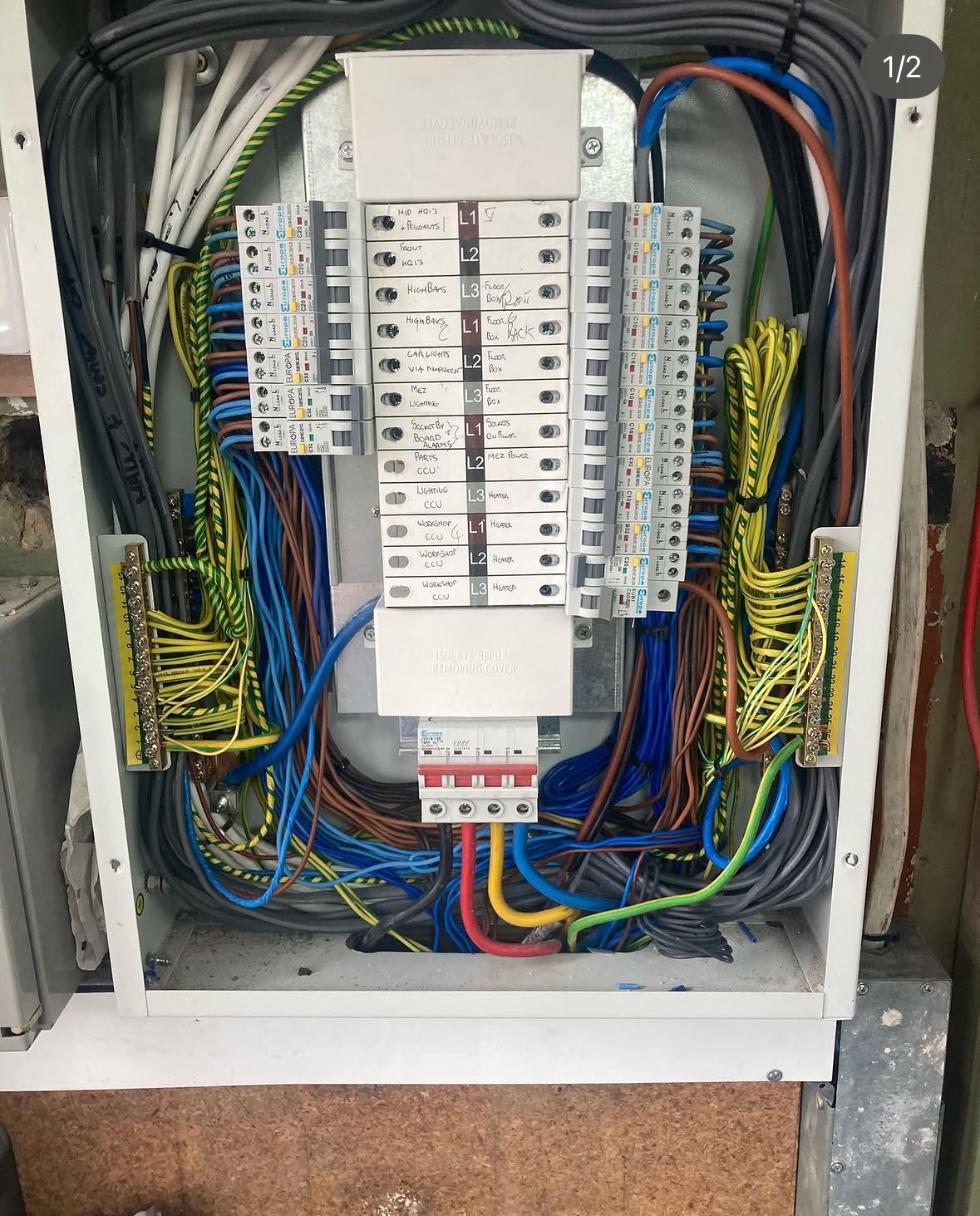Electrical panel with multiple circuit breakers and professional wiring